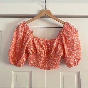 Billabong Orange Floral Puff Sleeve Crop Top